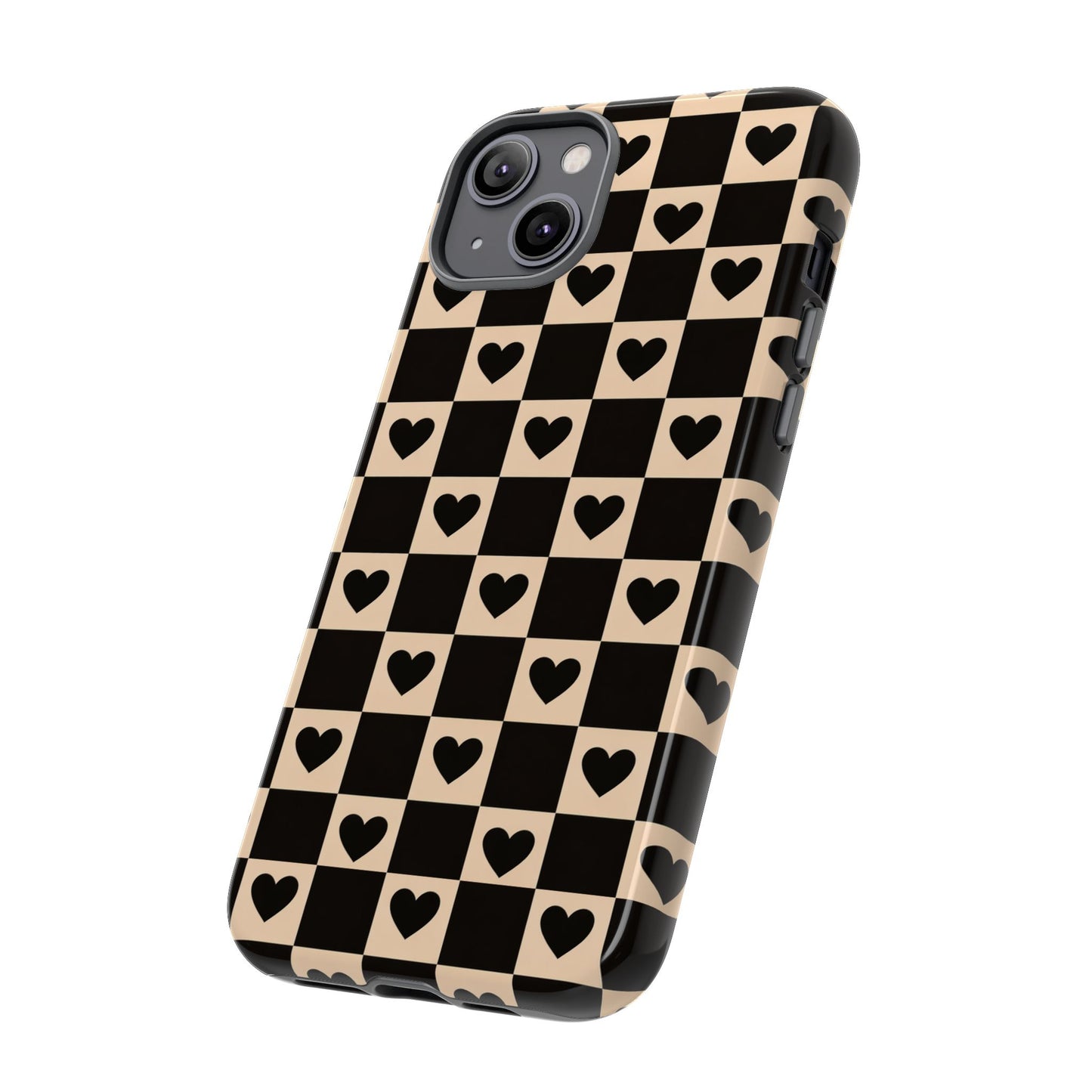 Checkerboard Heart Phone Case – Black & Beige Cute Aesthetic Protective Cover for Iphone, Samsung Galaxy and Pixel