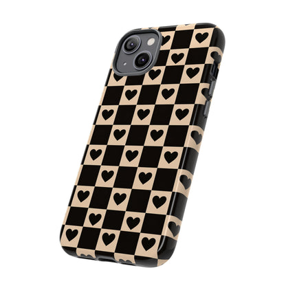 Checkerboard Heart Phone Case – Black & Beige Cute Aesthetic Protective Cover for Iphone, Samsung Galaxy and Pixel