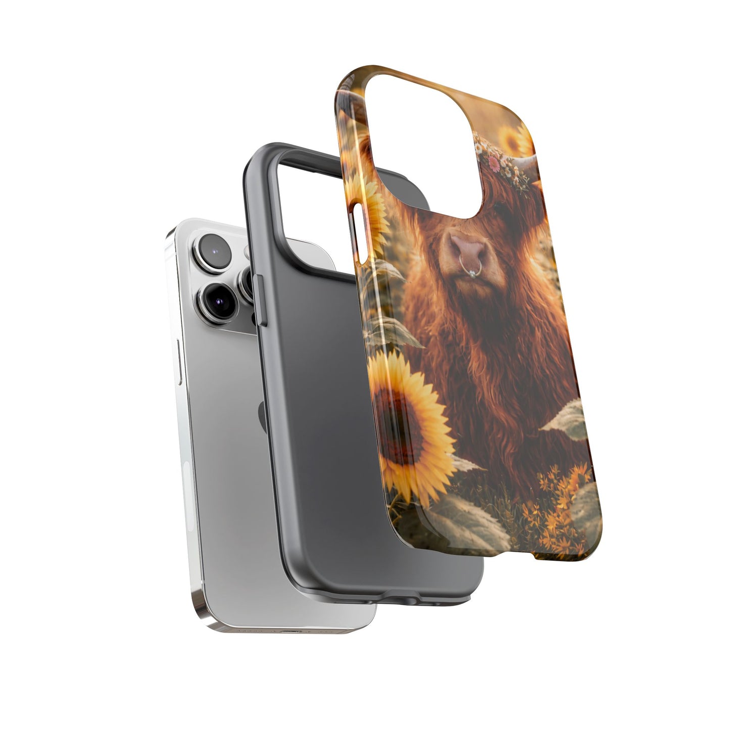 Highland Cow Sunflower Phone Case | Floral Farmhouse iPhone, Samsung Galaxy and Pixel Cover