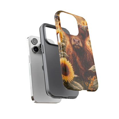 Highland Cow Sunflower Phone Case | Floral Farmhouse iPhone, Samsung Galaxy and Pixel Cover