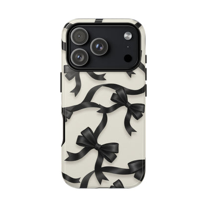 Black Ribbon Bow Phone Case, Minimal Bow Pattern Tough Protective Case