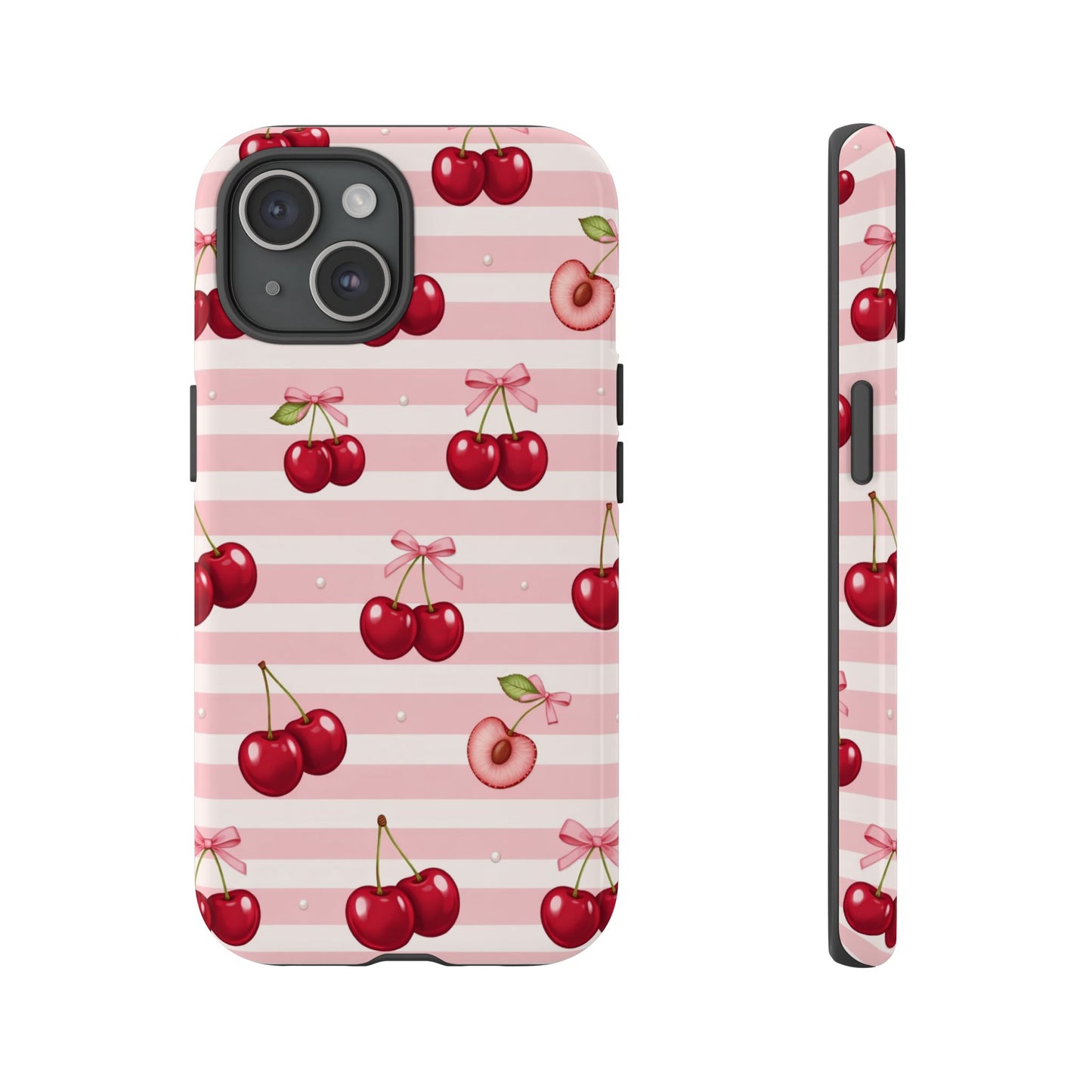 Coquette Cherry Bow Phone Case | Cute Pink Aesthetic Cherry Pattern Tough Case for iPhone & Samsung