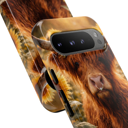Highland Cow Sunflower Phone Case | Floral Farmhouse iPhone, Samsung Galaxy and Pixel Cover