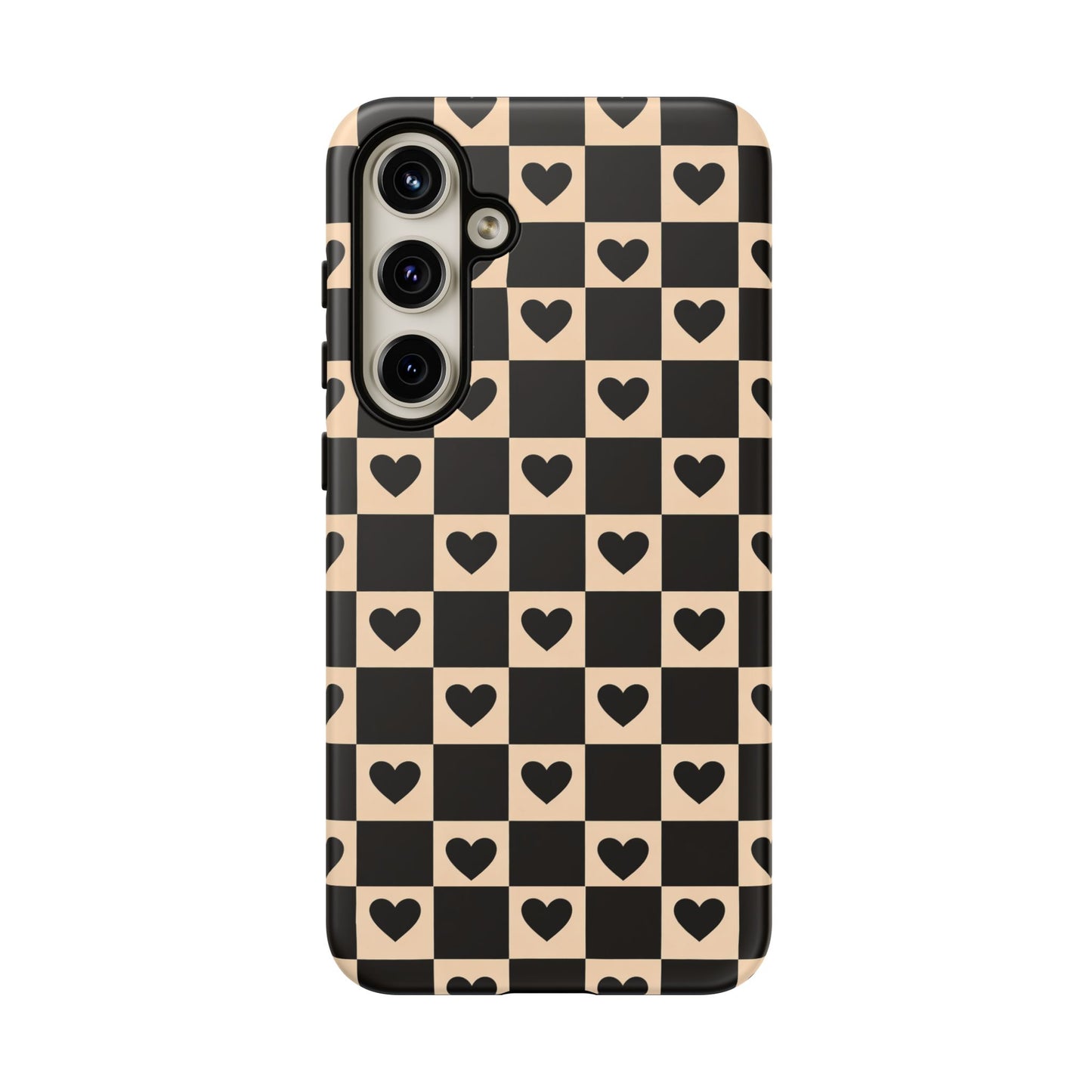 Checkerboard Heart Phone Case – Black & Beige Cute Aesthetic Protective Cover for Iphone, Samsung Galaxy and Pixel