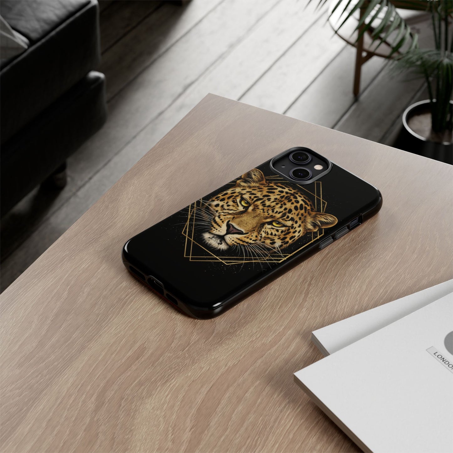 Leopard Head Geometric Phone Case – Black & Gold Luxe Tough Case
