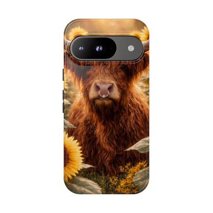 Highland Cow Sunflower Phone Case | Floral Farmhouse iPhone, Samsung Galaxy and Pixel Cover