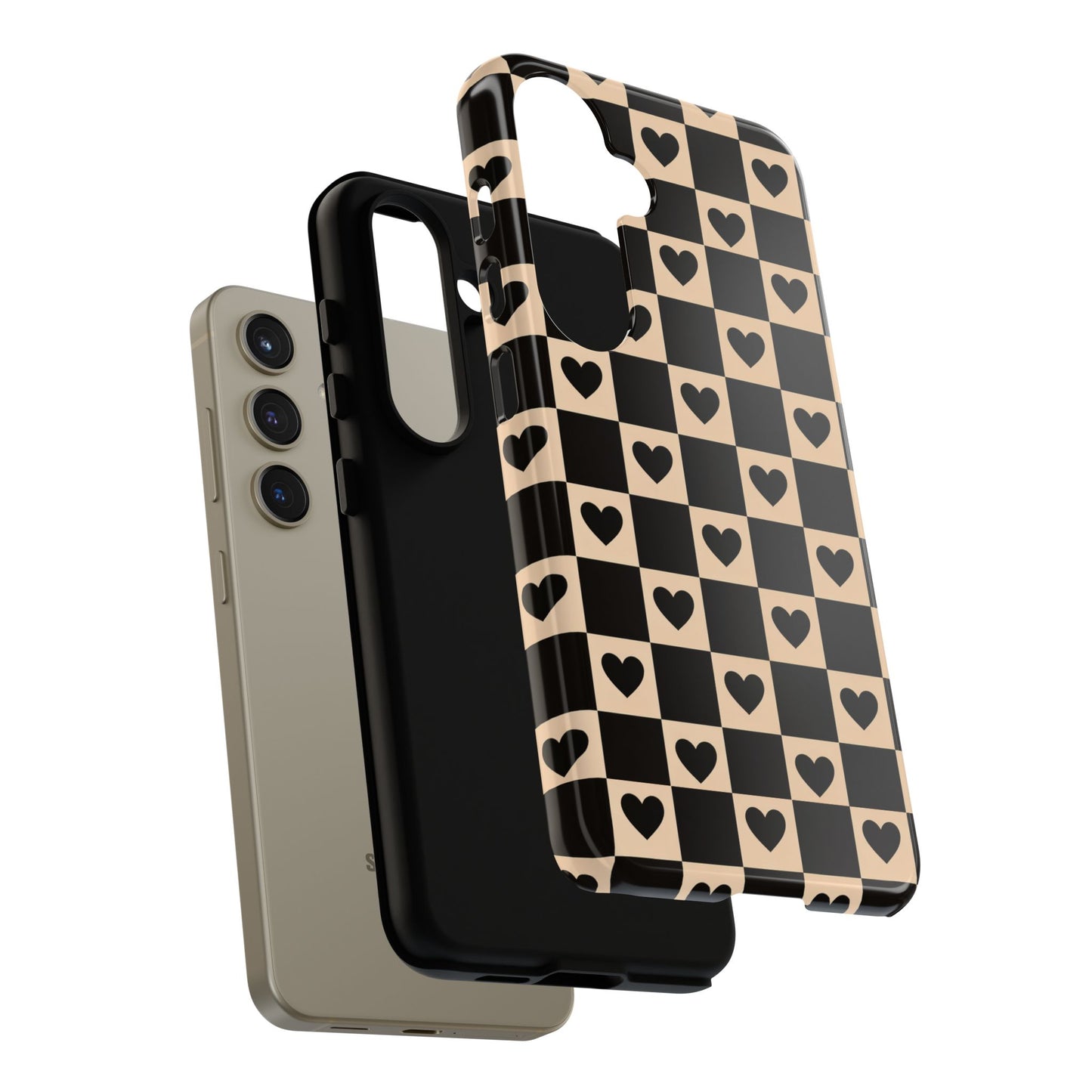 Checkerboard Heart Phone Case – Black & Beige Cute Aesthetic Protective Cover for Iphone, Samsung Galaxy and Pixel