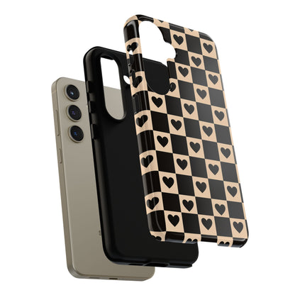 Checkerboard Heart Phone Case – Black & Beige Cute Aesthetic Protective Cover for Iphone, Samsung Galaxy and Pixel
