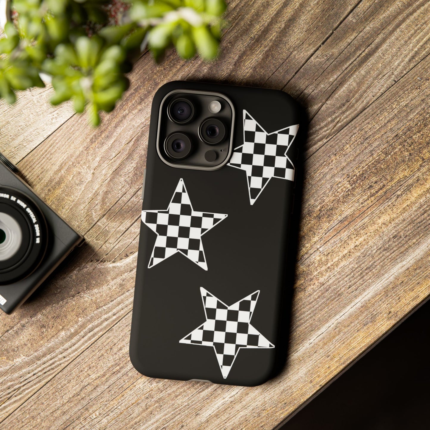 Checkered Star Tough Phone Case – Black Retro Graphic Protective Cover for Iphone, Samsung Galaxy and Pixel