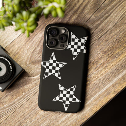 Checkered Star Tough Phone Case – Black Retro Graphic Protective Cover for Iphone, Samsung Galaxy and Pixel