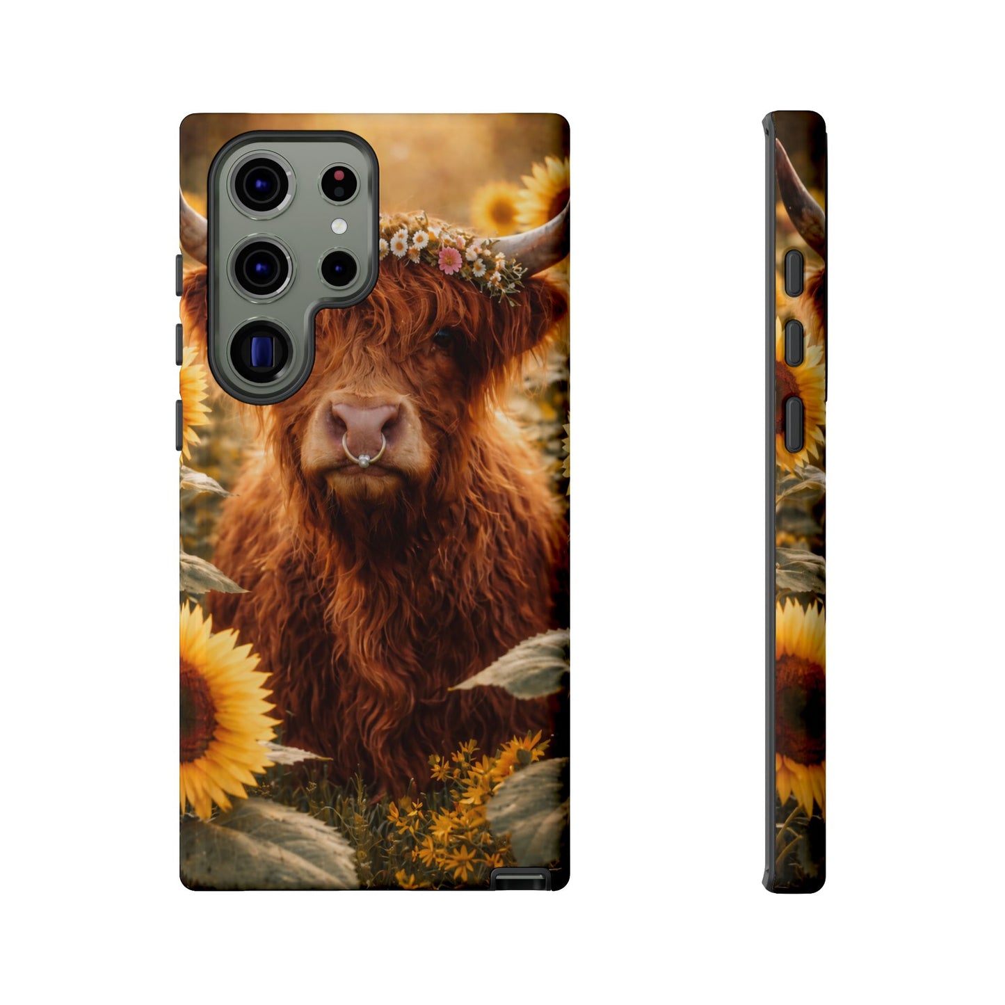 Highland Cow Sunflower Phone Case | Floral Farmhouse iPhone, Samsung Galaxy and Pixel Cover