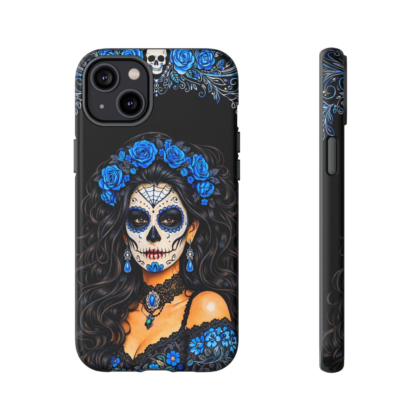 Blue Sugar Skull Woman Phone Case – Day of the Dead Aesthetic Tough Cover
