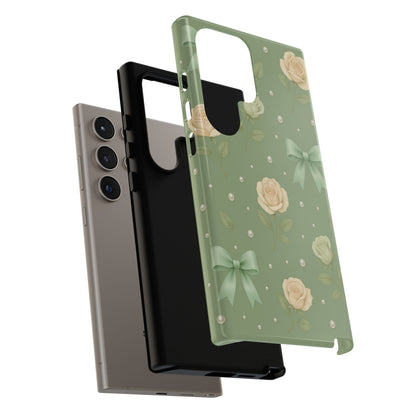 Vintage Rose Bow Phone Case – Sage Green Floral Coquette Aesthetic Tough Case (iPhone, Samsung, Pixel)