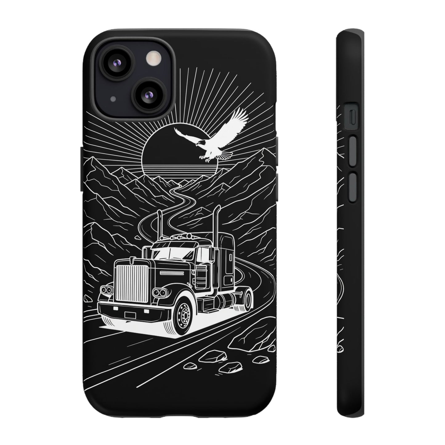 Trucker Highway Phone Case | Eagle & Mountain Line Art | Black Western Tough Case