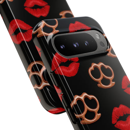 Red Lipstick & Knuckle Duster Phone Case | Bold Kiss Print Tough Protective Cover for Iphone, Samsung Galaxy and Pixel