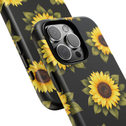 Sunflower Floral Tough Phone Case – Black Background Protective Cover for Iphone, Samsung Galaxy and Pixel