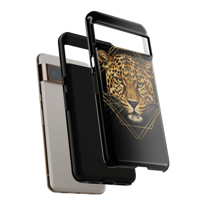 Leopard Head Geometric Phone Case – Black & Gold Luxe Tough Case