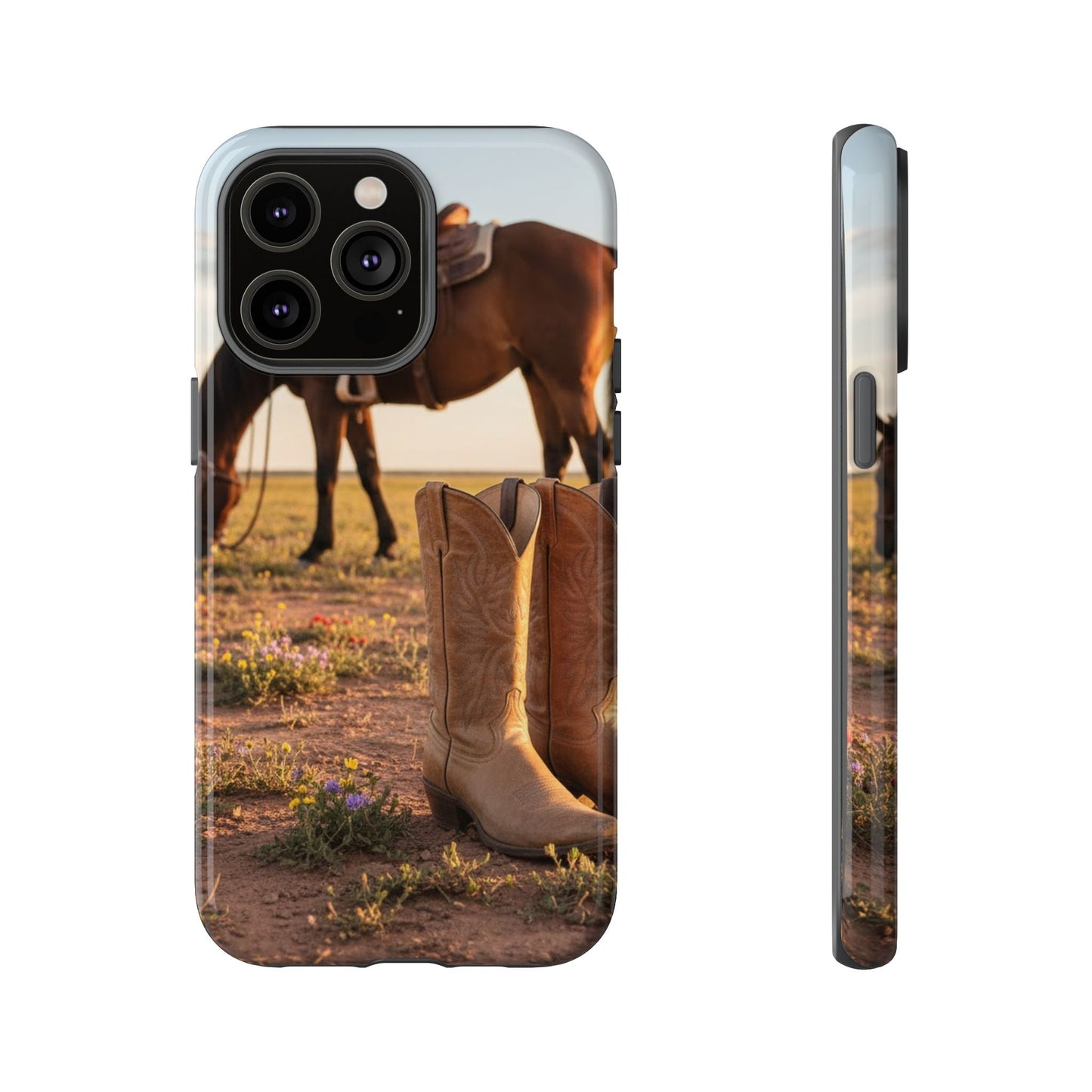 Western Cowboy Boots Phone Case – Rustic Horse Sunset Tough Case (iPhone, Samsung, Pixel)