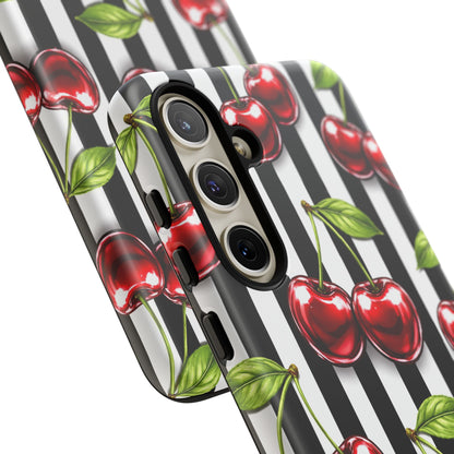 Cherry Pattern Phone Case Black White Stripe Retro Aesthetic Tough Cover
