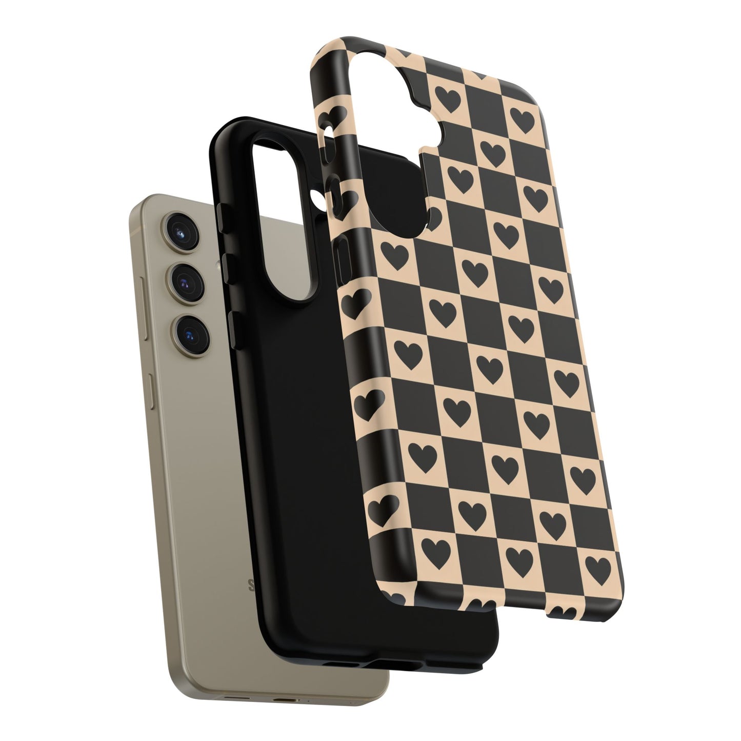 Checkerboard Heart Phone Case – Black & Beige Cute Aesthetic Protective Cover for Iphone, Samsung Galaxy and Pixel