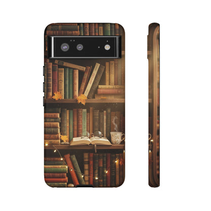 Cozy Vintage Bookshelf Phone Case, Library Aesthetic Book Stack, Autumn Coffee Vibes (iPhone, Samsung, Pixel)