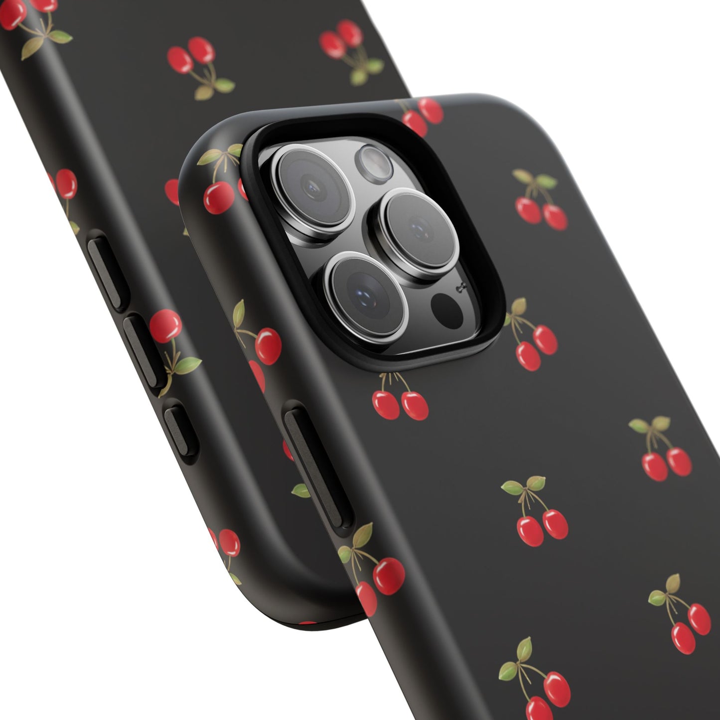 Cherry Pattern Phone Case — Slim Black Protective iPhone Case with Red Cherries for Iphone, Samsung Galaxy and Pixel