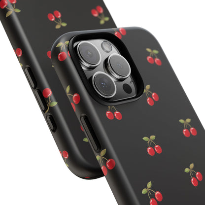 Cherry Pattern Phone Case — Slim Black Protective iPhone Case with Red Cherries for Iphone, Samsung Galaxy and Pixel