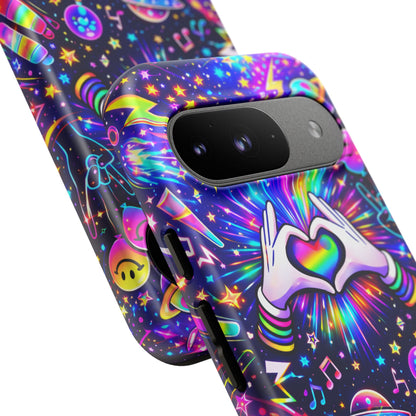Rainbow Heart Hands Phone Case – Neon Galaxy EDM Festival Tough Cover