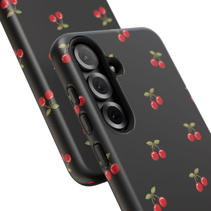 Cherry Pattern Phone Case — Slim Black Protective iPhone Case with Red Cherries for Iphone, Samsung Galaxy and Pixel