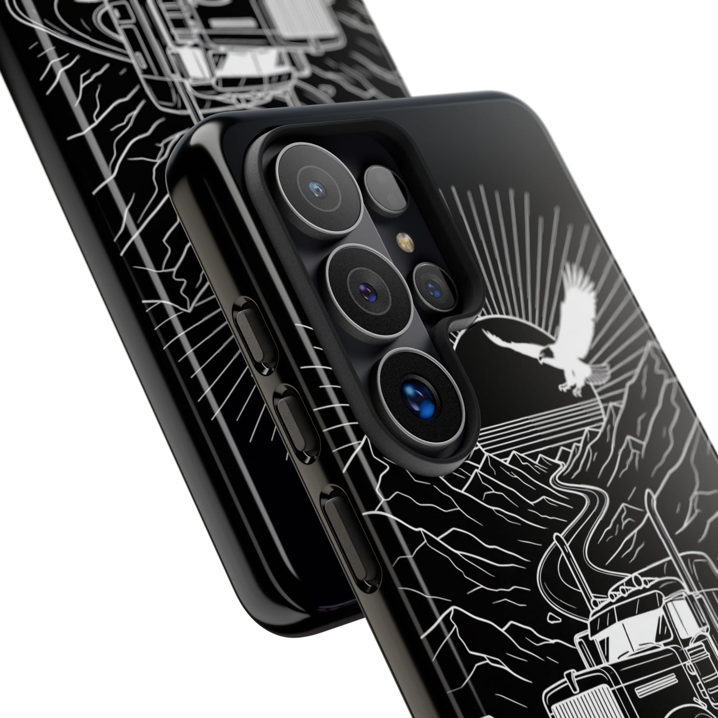 Trucker Highway Phone Case | Eagle & Mountain Line Art | Black Western Tough Case