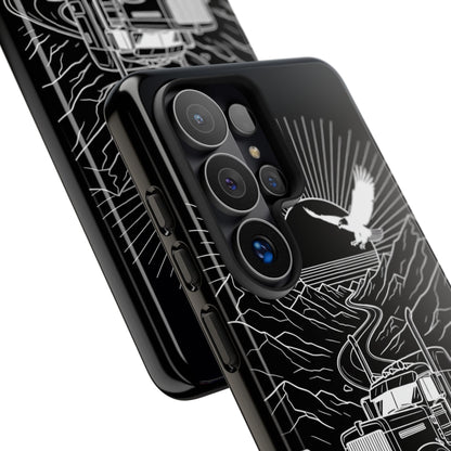 Trucker Highway Phone Case | Eagle & Mountain Line Art | Black Western Tough Case
