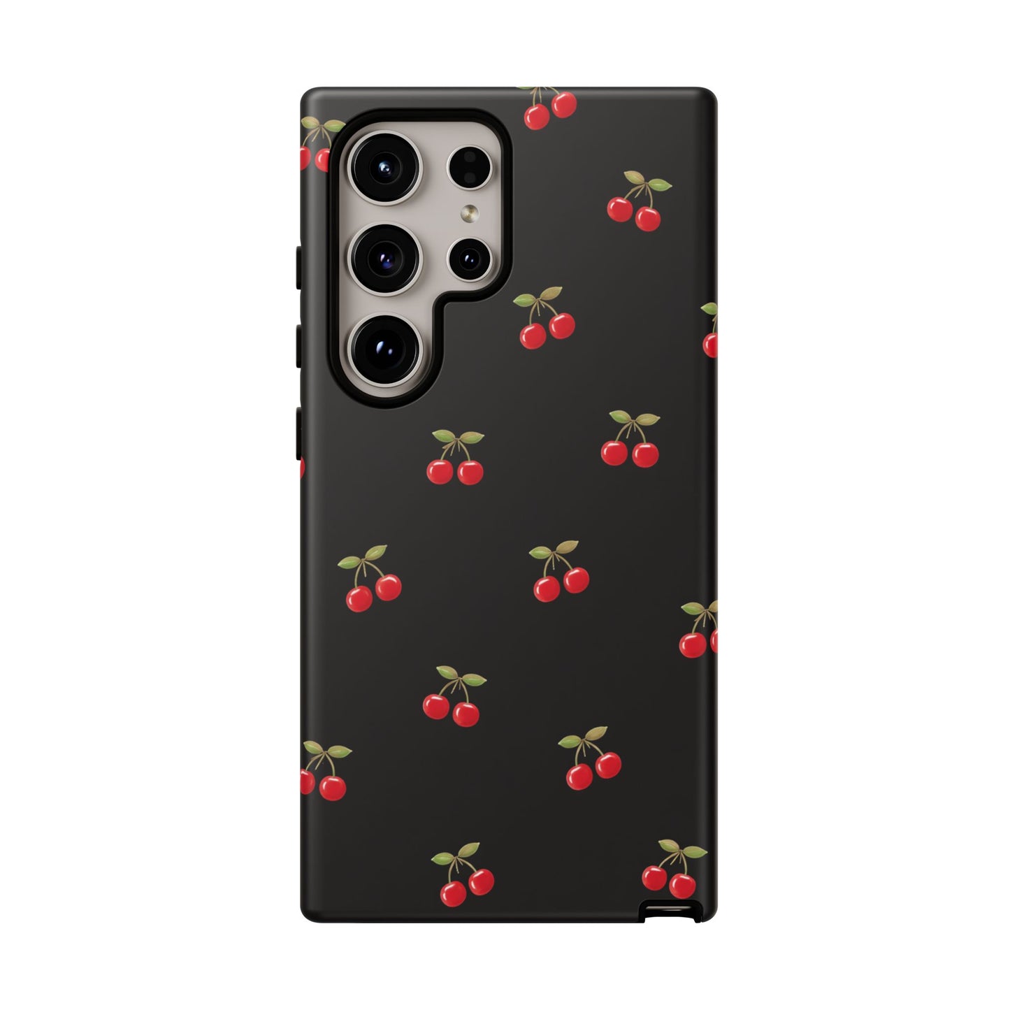 Cherry Pattern Phone Case — Slim Black Protective iPhone Case with Red Cherries for Iphone, Samsung Galaxy and Pixel