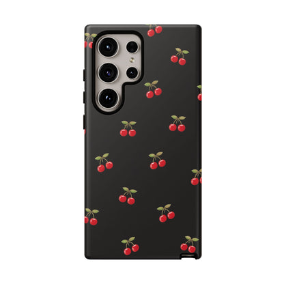 Cherry Pattern Phone Case — Slim Black Protective iPhone Case with Red Cherries for Iphone, Samsung Galaxy and Pixel