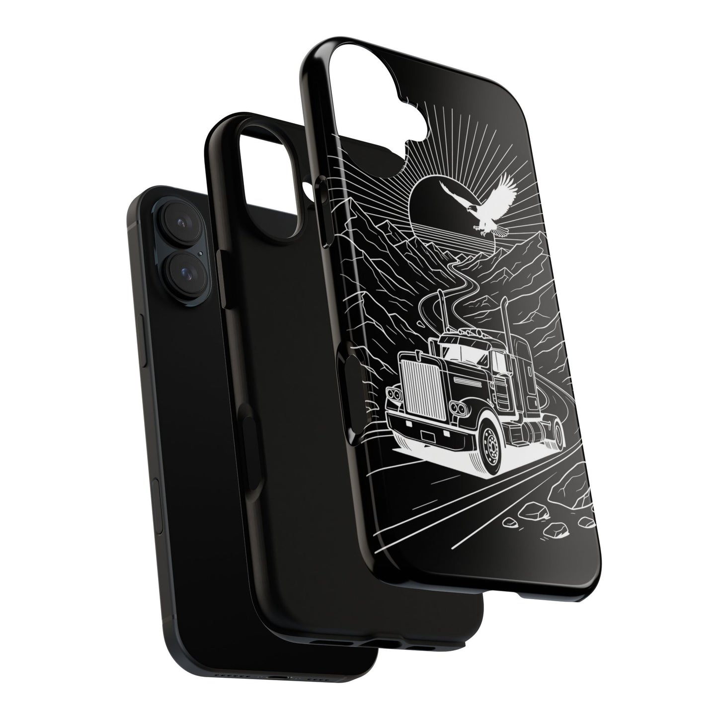 Trucker Highway Phone Case | Eagle & Mountain Line Art | Black Western Tough Case
