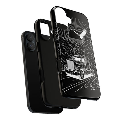 Trucker Highway Phone Case | Eagle & Mountain Line Art | Black Western Tough Case