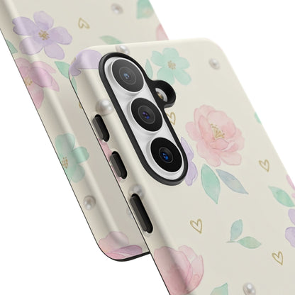 Pastel Floral Phone Case – Coquette Watercolor Flower Hearts Tough Case (iPhone, Samsung, Pixel)