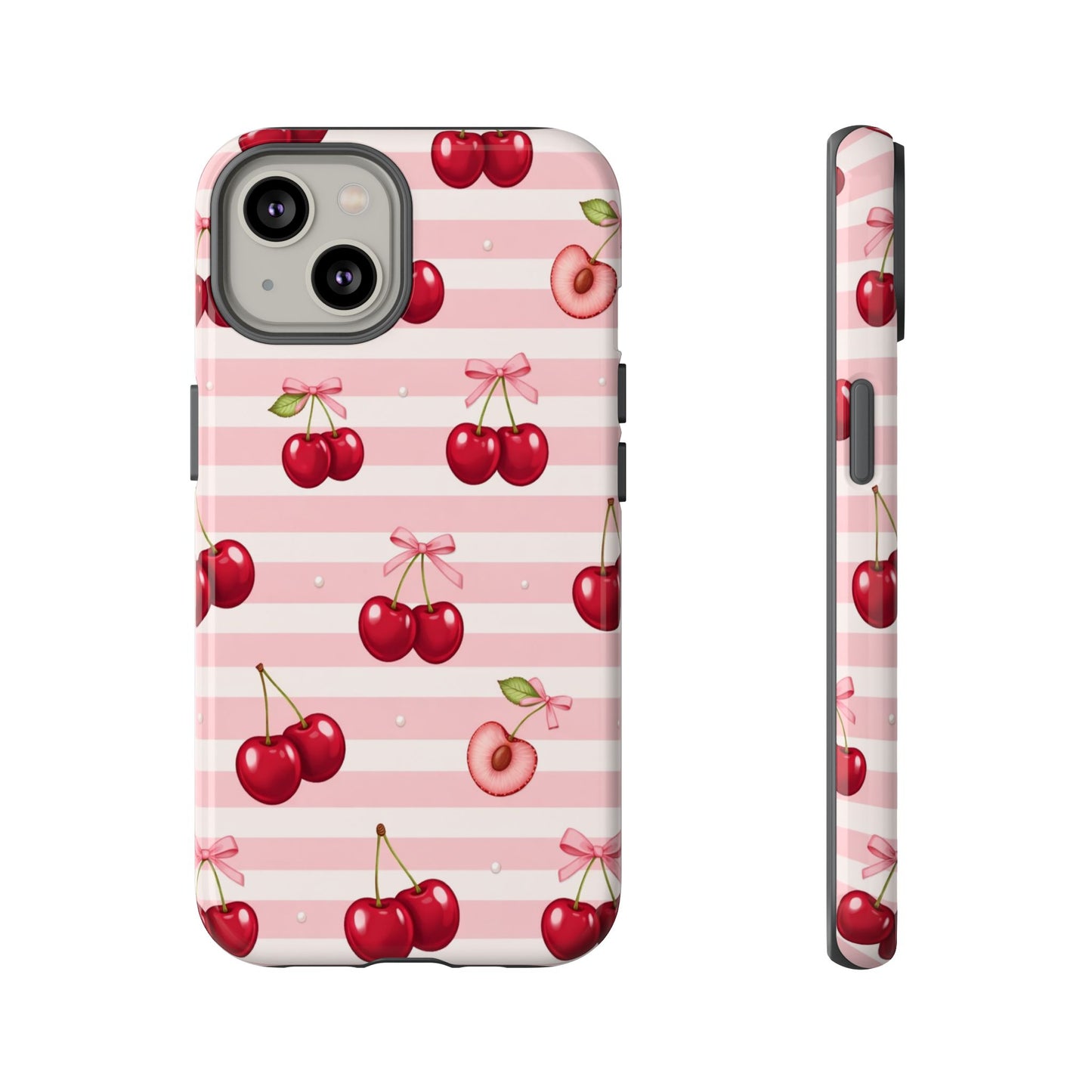 Coquette Cherry Bow Phone Case | Cute Pink Aesthetic Cherry Pattern Tough Case for iPhone & Samsung