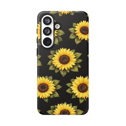 Sunflower Floral Tough Phone Case – Black Background Protective Cover for Iphone, Samsung Galaxy and Pixel