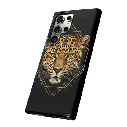 Leopard Head Geometric Phone Case – Black & Gold Luxe Tough Case