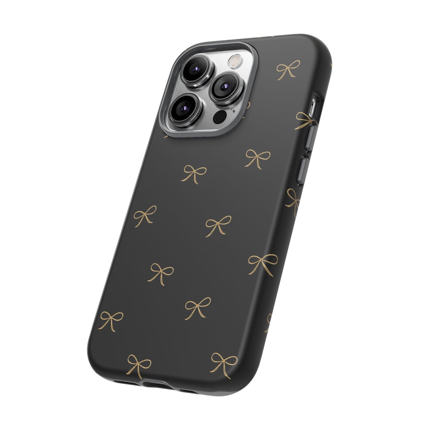 Black Phone Case with Gold Bow Pattern – Slim Protective Cute Aesthetic Cover for Iphone, Samsung Galaxy and Pixel