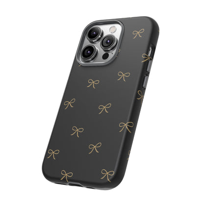Black Phone Case with Gold Bow Pattern – Slim Protective Cute Aesthetic Cover for Iphone, Samsung Galaxy and Pixel