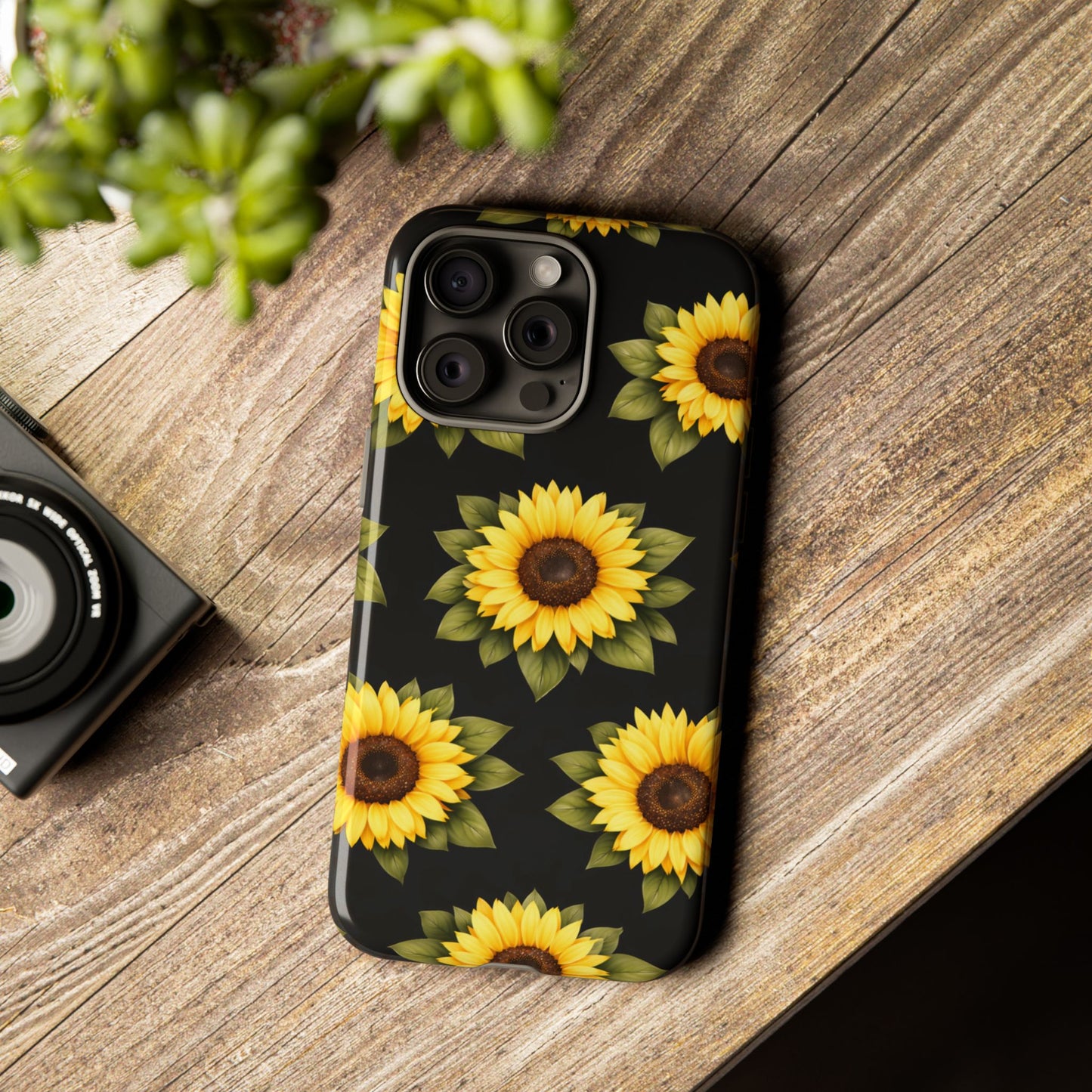 Sunflower Floral Tough Phone Case – Black Background Protective Cover for Iphone, Samsung Galaxy and Pixel