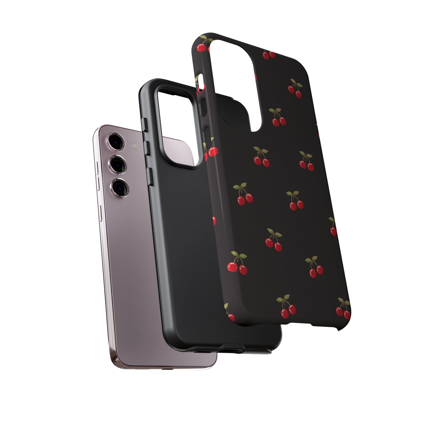 Cherry Pattern Phone Case — Slim Black Protective iPhone Case with Red Cherries for Iphone, Samsung Galaxy and Pixel