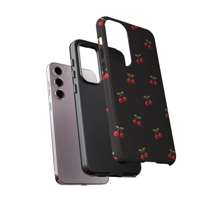 Cherry Pattern Phone Case — Slim Black Protective iPhone Case with Red Cherries for Iphone, Samsung Galaxy and Pixel