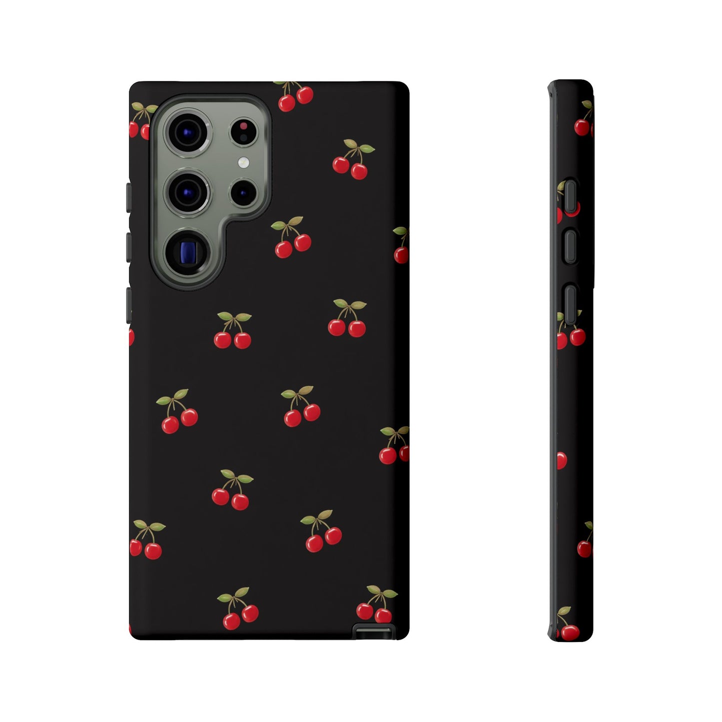 Cherry Pattern Phone Case — Slim Black Protective iPhone Case with Red Cherries for Iphone, Samsung Galaxy and Pixel
