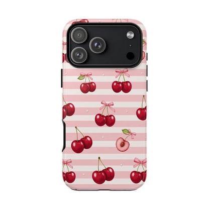 Coquette Cherry Bow Phone Case | Cute Pink Aesthetic Cherry Pattern Tough Case for iPhone & Samsung