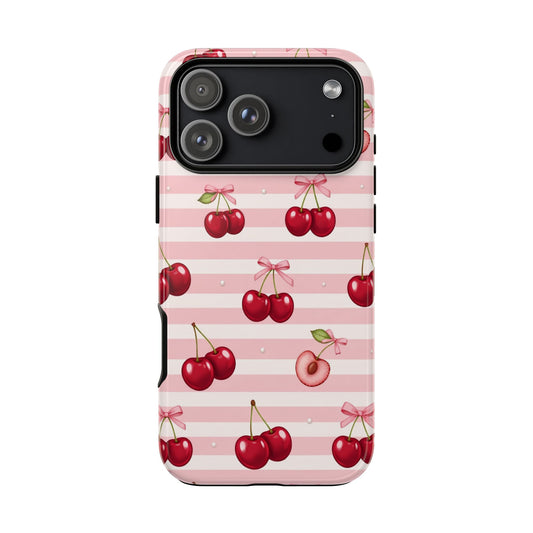Coquette Cherry Bow Phone Case | Cute Pink Aesthetic Cherry Pattern Tough Case for iPhone & Samsung