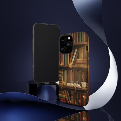 Cozy Vintage Bookshelf Phone Case, Library Aesthetic Book Stack, Autumn Coffee Vibes (iPhone, Samsung, Pixel)