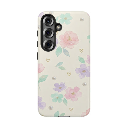 Pastel Floral Phone Case – Coquette Watercolor Flower Hearts Tough Case (iPhone, Samsung, Pixel)