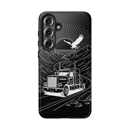 Trucker Highway Phone Case | Eagle & Mountain Line Art | Black Western Tough Case